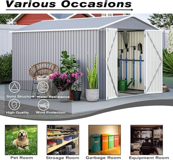 Outdoor Storage Shed 8x12 FT with 2 Lockable Doors,Utility Tool Shed Metal Storage Garden Sheds W/Floor Frame and 2 Vents,for Backyard,Patio,Lawn,Grey - Image 6