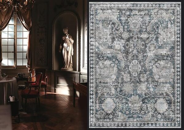 Washable Area Rugs - Perfect for Living Room, Bedroom, Kids Room, Nursery - Stain & Water Resistant Non-Slip, Pet & Child Friendly, Vintage Tribal Area Rugs (Grey and Blue, 6' x 9') - Image 2