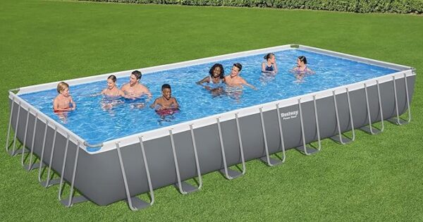 Bestway 31' 4" x 16' x 52" Power Steel Rectangular Frame Above Ground Swimming Pool with Sand Filter Pump, Cover, Ladder, and Chemical Floater, Gray - Image 2