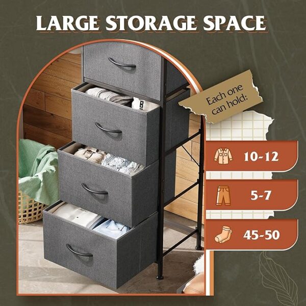 WLIVE Fabric Dresser, 5-Drawer Tall Dresser for Bedroom, Storage Dresser Organizer with Fabric Bins, Wood Top, Sturdy Steel Frame, Chest of Drawers for Closet, Hallway, Dark Grey - Image 4