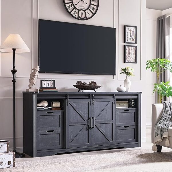 Farmhouse Fireplace TV Stand for 80 Inch TV, 32" Tall Entertainment Center w/Drawer & Sliding Barn Door, 70 Inch Highboy Media Console for Living Room, Black - Image 6