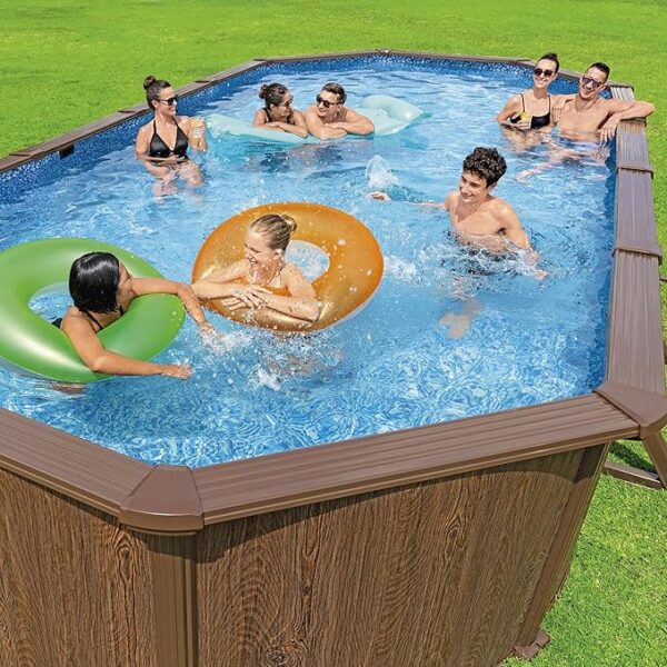 Bestway 24’ x 12’ x 52” Hydrium Oval Steel Wall Above Ground Swimming Pool with Sand Filter Pump, Cover, Ladder, Ground Cloth, and Surface Skimmer, Woodgrain - Image 5