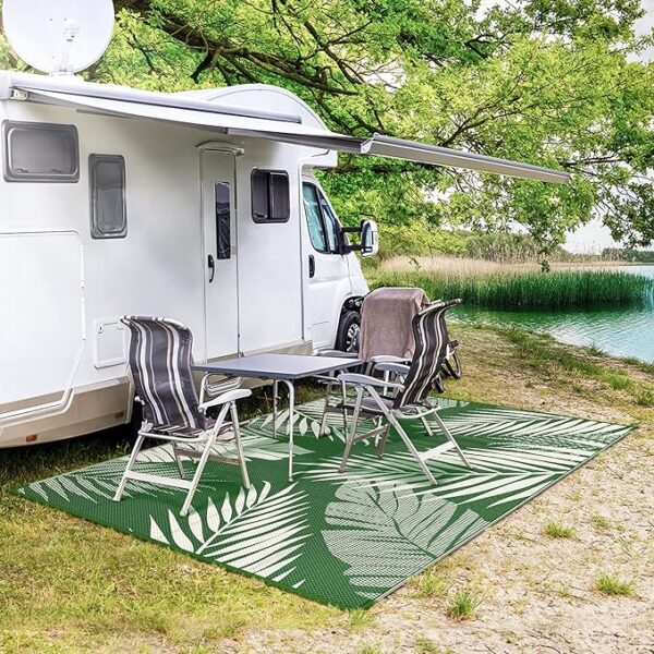 GENIMO Outdoor Rug 6' x 9' Waterproof for Patios Clearance, Reversible Outdoor Plastic Straw Camping Rug Carpet, Large Area Rugs Mats for RV, Picnic, Backyard, Deck, Balcony, Porch, Dark Green&White - Image 5