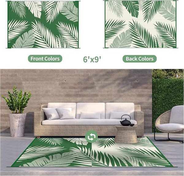 GENIMO Outdoor Rug 6' x 9' Waterproof for Patios Clearance, Reversible Outdoor Plastic Straw Camping Rug Carpet, Large Area Rugs Mats for RV, Picnic, Backyard, Deck, Balcony, Porch, Dark Green&White - Image 3