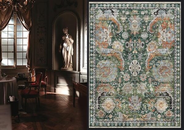 Washable Area Rugs - Perfect for Living Room, Bedroom, Kids Room, Nursery - Stain & Water Resistant Non-Slip, Pet & Child Friendly, Vintage Tribal Area Rugs (Green, 5' x 7') - Image 6