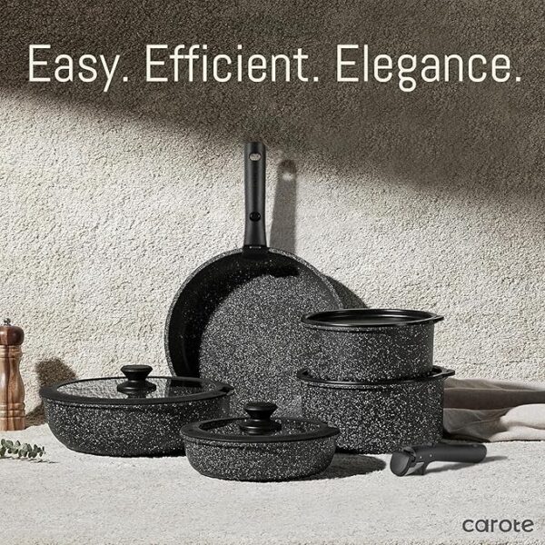 CAROTE 23pcs Pots and Pans Set Non Stick, Cookware Sets, Kitchen Set, Oven/Dishwasher/Fridge Safe, Space Saving Pots Set, Nonstick Set with Versatile Detachable Handle, Induction RV Set, Black - Image 6