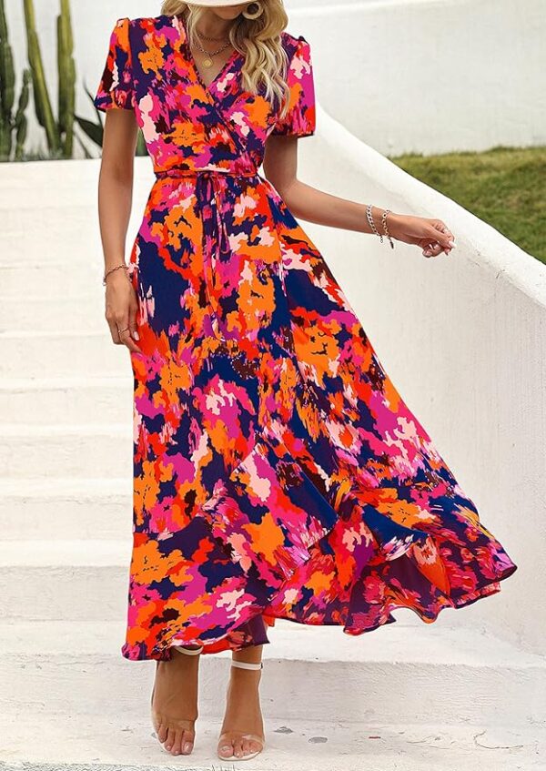 PRETTYGARDEN Women's Summer Wrap Maxi Dress Casual Boho Floral V Neck Short Sleeve Ruffle Hem Split Beach Long Dresses - Image 4