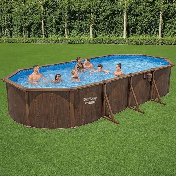 Bestway 24’ x 12’ x 52” Hydrium Oval Steel Wall Above Ground Swimming Pool with Sand Filter Pump, Cover, Ladder, Ground Cloth, and Surface Skimmer, Woodgrain - Image 6