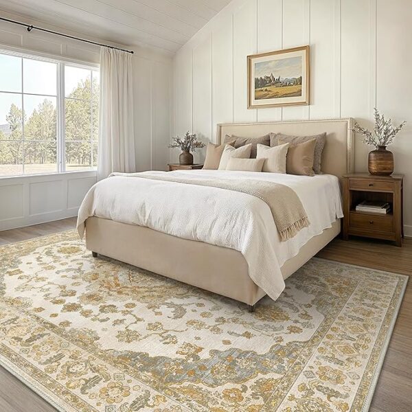 Rugs for Living Room, Ultra-Thin Machine Washable Area Rugs Foldable, Bedroom Dining Room Non Slip Rubber Rugs Backing, Sound-Absorbed Decorative Rectangle 6x9 Grey/Heavy Brown Rug - Image 4