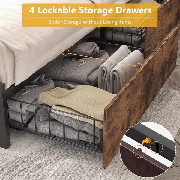 Lifezone Queen Bed Frame with 2-Tier Storage Headboard, Metal Platform Bed Frame with 4 Storage Drawers, Built in Charging Station & LED, Noise-Free/Metal Support/No Box Spring Needed, Vintage Brown - Image 5