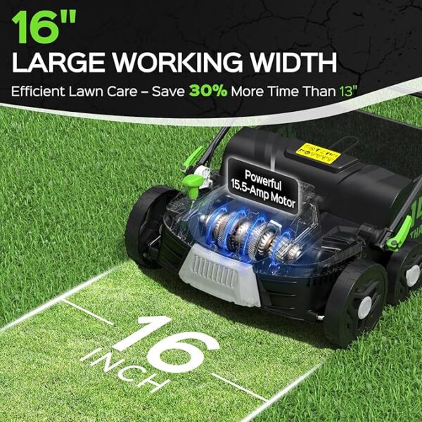 16-Inch 15.5 Amp 2-in-1 Electric Dethatcher and Scarifier with 14.5-Gallon Removable Thatch Collection Bag, Lawn Dethatcher with 5-Position Depth Adjustment, Quick-Fold, Keeps Lawn Healthy - Image 2