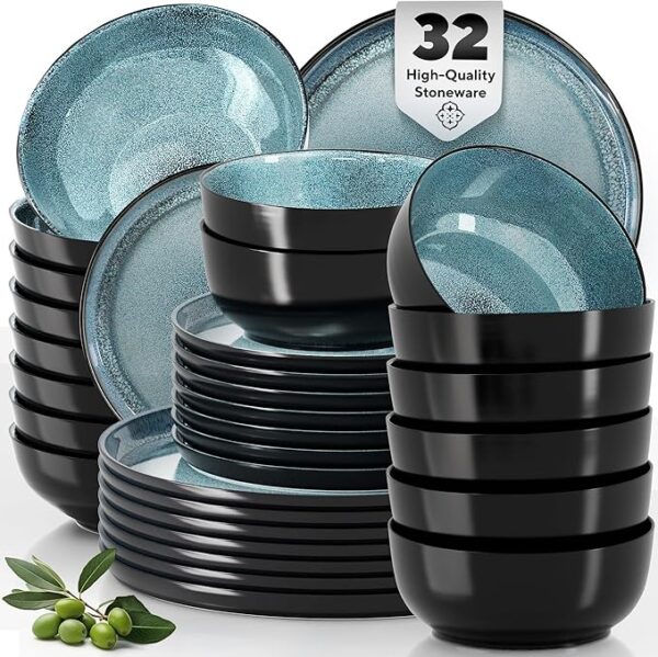 32 Piece Dinnerware Sets for 8 - Modern Style Stoneware Dinnerware Set - Scratch Resistant, Dishwasher Safe Plates and Bowls Sets Ceramic, Dish Set, Bowl and Plate Set - Black and Petrol Blue