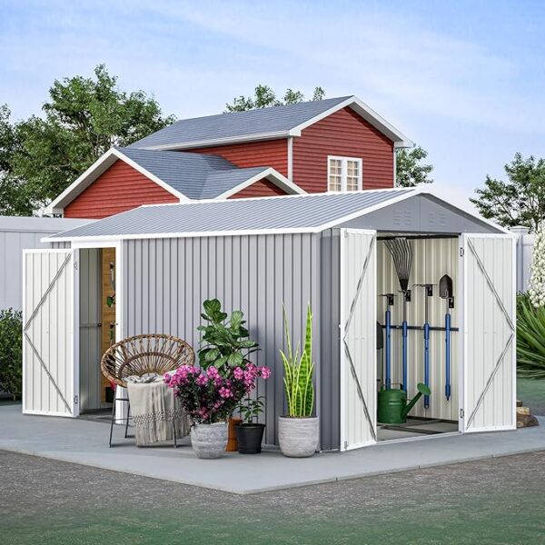 8×12 FT Storage Shed with 2 Lockable Doors and Vents,Metal Aluminum Waterproof Tool Sheds,Heavy-Duty Sheds Unit W/Floor Frame,Lock&Key,Garden Shed for Storing Bicycles,Barbeques,Gray