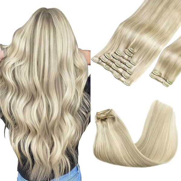 GOO GOO Clip in Hair Extensions Real Human Hair, Remy Human Hair Extensions Clip ins for Women, Natural Human Hair, 20inch 150g 9Pcs, 17A/60A Ash Blonde Highlighted Platinum Blonde