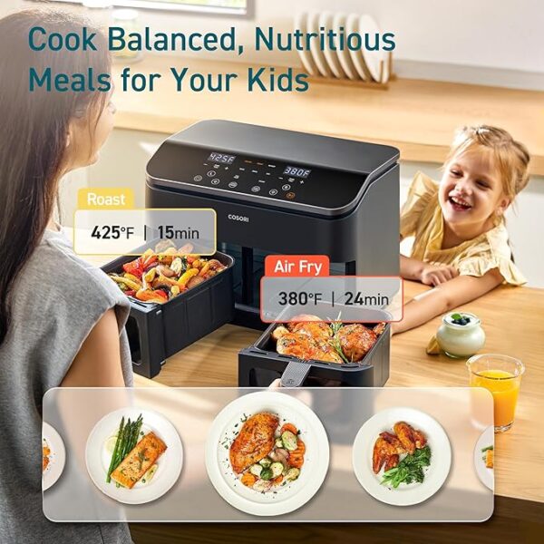 COSORI 9Qt 10-in-1 Dual Air Fryer, Fresh Balanced Meals for Family and Children with Double Baskets, Sync Cook & Finish to Bake, Roast, Reheat, Broil & 130 Recipes for Easy Cooking, Dishwasher Safe - Image 5