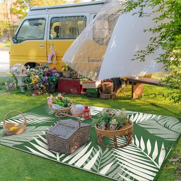 GENIMO Outdoor Rug 6' x 9' Waterproof for Patios Clearance, Reversible Outdoor Plastic Straw Camping Rug Carpet, Large Area Rugs Mats for RV, Picnic, Backyard, Deck, Balcony, Porch, Dark Green&White - Image 6