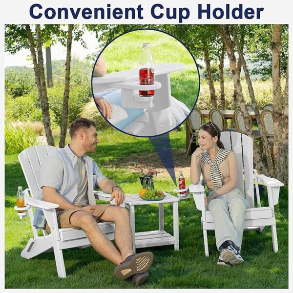 Folding Adirondack Chair, SGS Tested, Wooden Textured with Cup Holder, Heavy All-Weather HDPE Comfortable Set Poolside Backyard Lawn White - Image 2