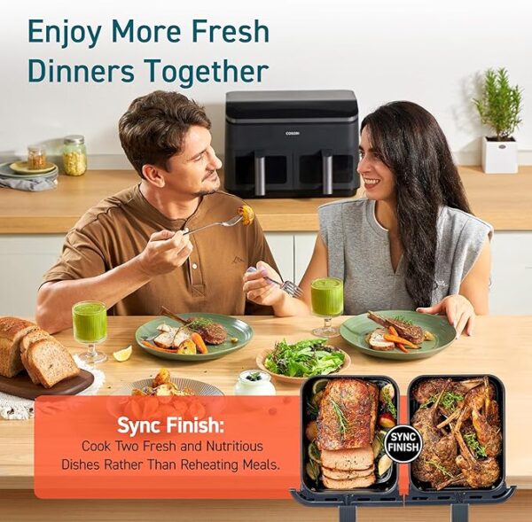 COSORI 9Qt 10-in-1 Dual Air Fryer, Fresh Balanced Meals for Family and Children with Double Baskets, Sync Cook & Finish to Bake, Roast, Reheat, Broil & 130 Recipes for Easy Cooking, Dishwasher Safe - Image 2