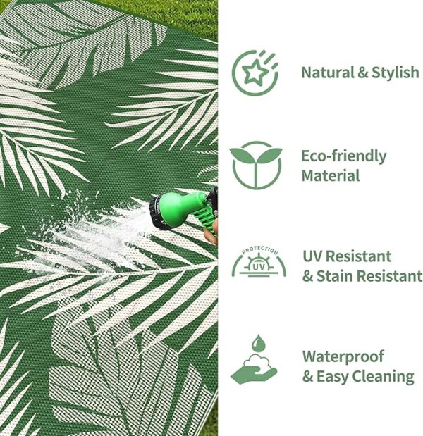 GENIMO Outdoor Rug 6' x 9' Waterproof for Patios Clearance, Reversible Outdoor Plastic Straw Camping Rug Carpet, Large Area Rugs Mats for RV, Picnic, Backyard, Deck, Balcony, Porch, Dark Green&White - Image 4