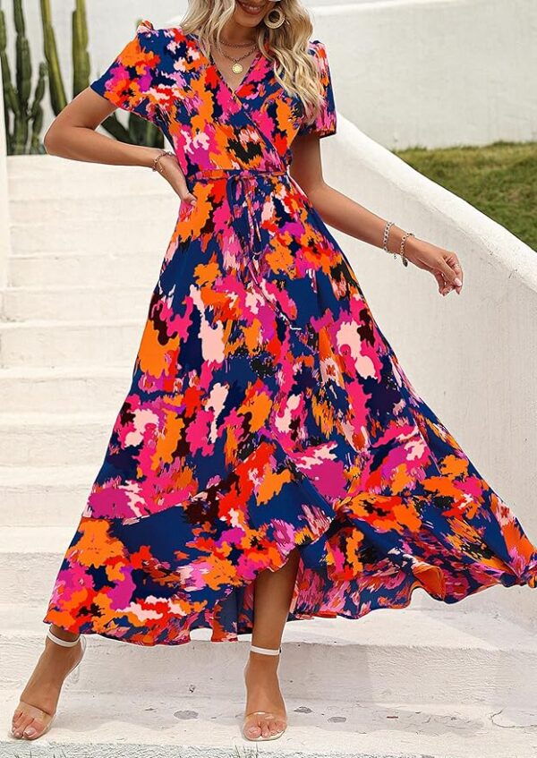 PRETTYGARDEN Women's Summer Wrap Maxi Dress Casual Boho Floral V Neck Short Sleeve Ruffle Hem Split Beach Long Dresses - Image 5