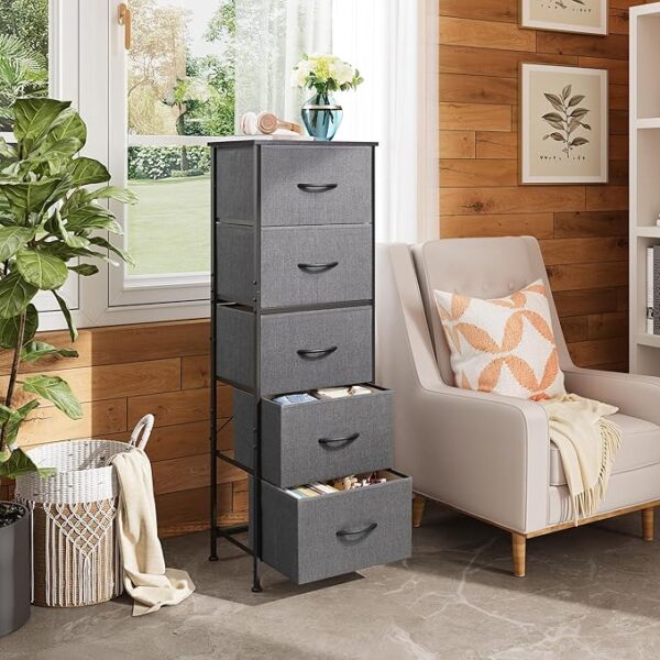 WLIVE Fabric Dresser, 5-Drawer Tall Dresser for Bedroom, Storage Dresser Organizer with Fabric Bins, Wood Top, Sturdy Steel Frame, Chest of Drawers for Closet, Hallway, Dark Grey - Image 5