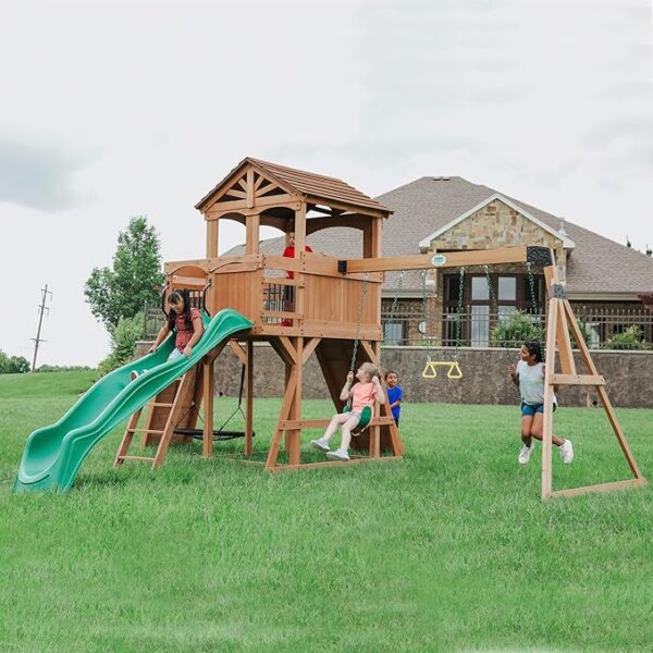 Backyard Discovery Sterling Point All Cedar Wooden Swing Set, Raised Clubhouse, Green Wave Slide, Web Swing, Climbing Wall, 10ft Wave Slide, 2 Belt Swings, Front Porch, Bridge - Image 3