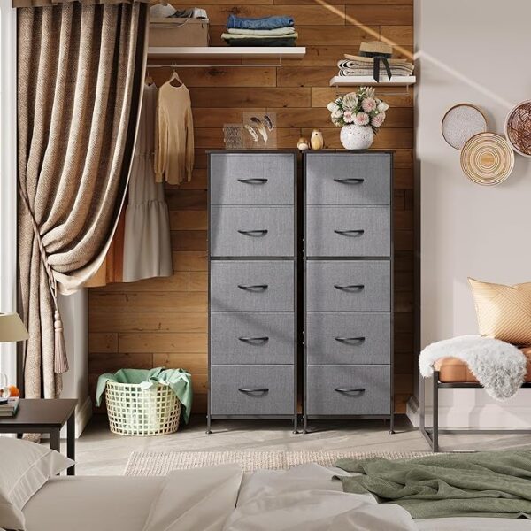 WLIVE Fabric Dresser, 5-Drawer Tall Dresser for Bedroom, Storage Dresser Organizer with Fabric Bins, Wood Top, Sturdy Steel Frame, Chest of Drawers for Closet, Hallway, Dark Grey - Image 6
