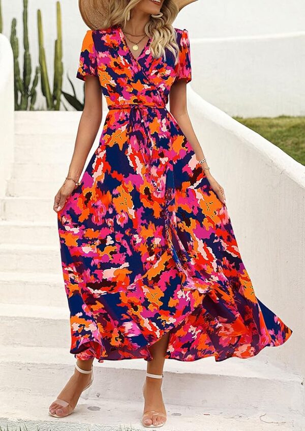 PRETTYGARDEN Women's Summer Wrap Maxi Dress Casual Boho Floral V Neck Short Sleeve Ruffle Hem Split Beach Long Dresses - Image 3