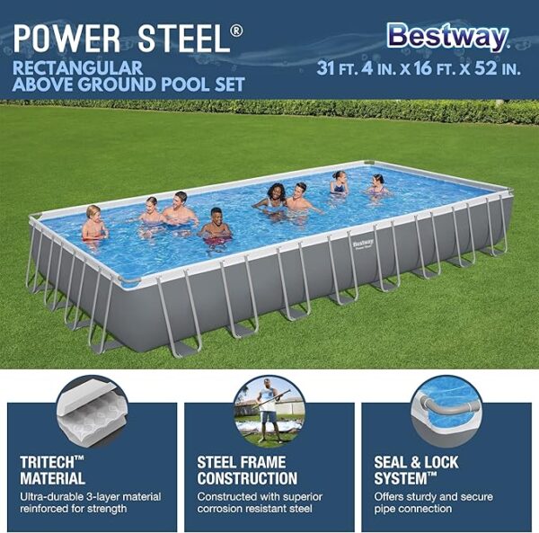 Bestway 31' 4" x 16' x 52" Power Steel Rectangular Frame Above Ground Swimming Pool with Sand Filter Pump, Cover, Ladder, and Chemical Floater, Gray - Image 5