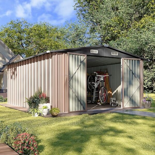 Aoxun 10x12 FT Outdoor Storage Shed, Steel Utility Tool Shed Storage House with Door & Lock, Metal Sheds Outdoor Storage for Garden Patio Lawn Poolside, Brown - Image 7