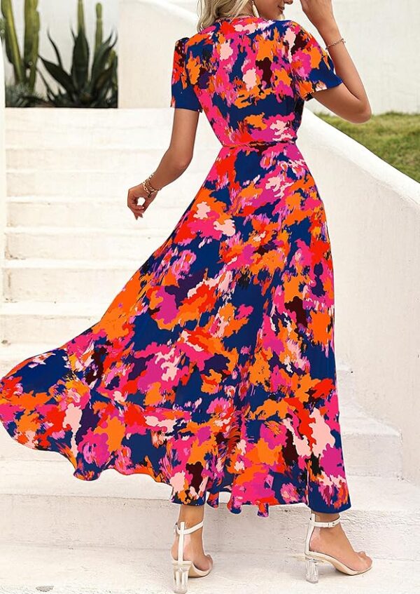 PRETTYGARDEN Women's Summer Wrap Maxi Dress Casual Boho Floral V Neck Short Sleeve Ruffle Hem Split Beach Long Dresses - Image 2