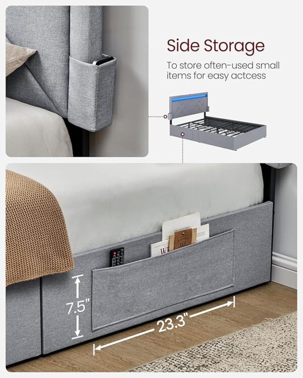 VASAGLE LED Bed Frame Queen Size, 36.7/39.3 Inches, with Headboard and 4 Drawers, 1 USB Port and 1 Type C Port, Adjustable Upholstered Headboard, No Box Spring Needed, Light Gray URMB821G01 - Image 2