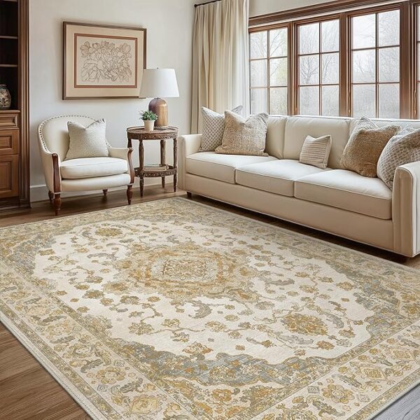 Rugs for Living Room, Ultra-Thin Machine Washable Area Rugs Foldable, Bedroom Dining Room Non Slip Rubber Rugs Backing, Sound-Absorbed Decorative Rectangle 6x9 Grey/Heavy Brown Rug