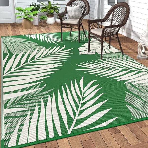 GENIMO Outdoor Rug 6' x 9' Waterproof for Patios Clearance, Reversible Outdoor Plastic Straw Camping Rug Carpet, Large Area Rugs Mats for RV, Picnic, Backyard, Deck, Balcony, Porch, Dark Green&White