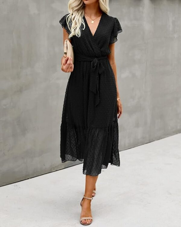 BTFBM Women Summer Bohemian Floral Casual Wrap V Neck Ruffle Cap Sleeveless Belt A-Line Pleated Hem Midi Sun Dress White - Image 6