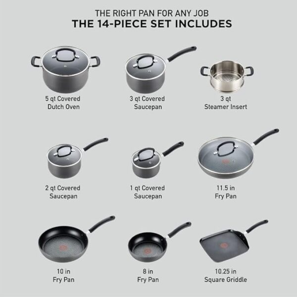 T-fal Ultimate Hard Anodized Nonstick Cookware Set 14 Piece, Oven Broiler Safe 400F, Lid Safe 350F, Kitchen Cooking Set w/Fry Pans, Saucepans, Griddle, Dutch Oven, Pots & Pans, Dishwasher Safe, Black - Image 6
