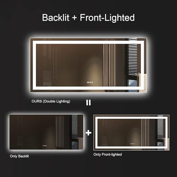 Amorho LED Bathroom Mirror 60'' X36'' with Front and Backlight, Large Dimmable Wall Mirrors with Anti-Fog, Shatter-Proof, Memory, 3 Colors, Double LED Vanity Mirror - Image 6