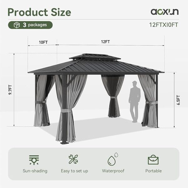Aoxun 10'x12' Hardtop Gazebo, Aluminum Frame Canopy with Double Galvanized Steel Roof, Outdoor Metal Pavilion with Netting, Curtains for Backyard, Patio and Deck - Image 5