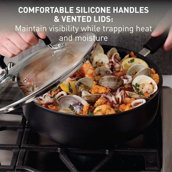 T-fal Ultimate Hard Anodized Nonstick Cookware Set 14 Piece, Oven Broiler Safe 400F, Lid Safe 350F, Kitchen Cooking Set w/Fry Pans, Saucepans, Griddle, Dutch Oven, Pots & Pans, Dishwasher Safe, Black - Image 3