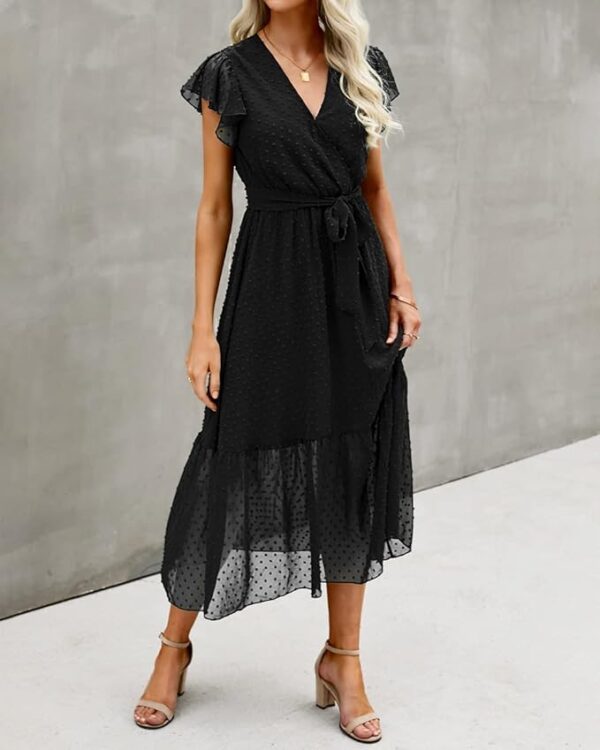 BTFBM Women Summer Bohemian Floral Casual Wrap V Neck Ruffle Cap Sleeveless Belt A-Line Pleated Hem Midi Sun Dress White - Image 4