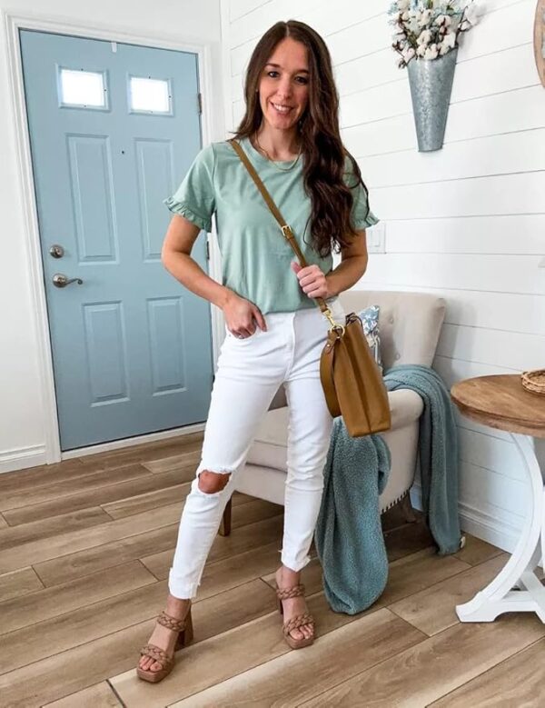 PRETTYGARDEN Women's Short Sleeve Casual T Shirts Summer Ruffle Plain Round Neck Loose Fit Tee Blouse Tops - Image 2