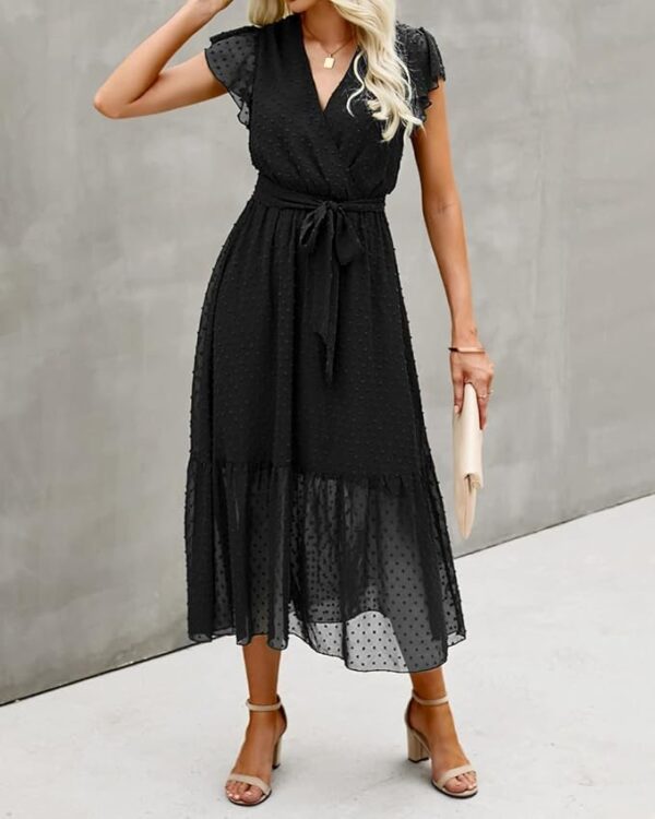 BTFBM Women Summer Bohemian Floral Casual Wrap V Neck Ruffle Cap Sleeveless Belt A-Line Pleated Hem Midi Sun Dress White - Image 3