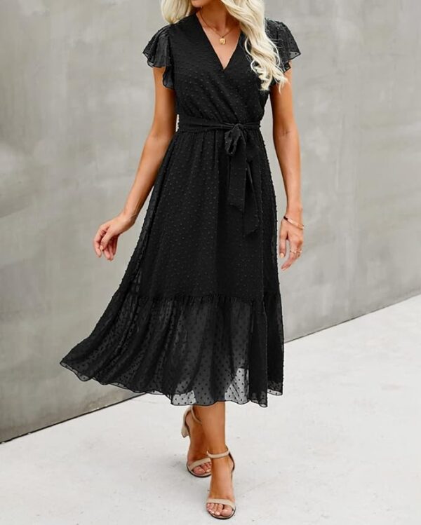BTFBM Women Summer Bohemian Floral Casual Wrap V Neck Ruffle Cap Sleeveless Belt A-Line Pleated Hem Midi Sun Dress White - Image 5