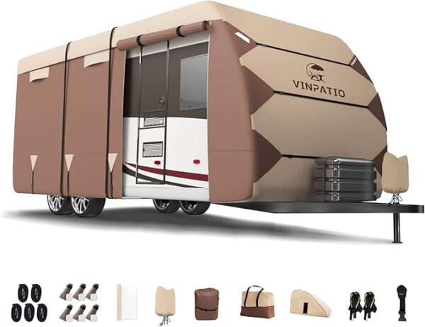 Oxford Fabric Travel Trailer RV Cover, Toy Hauler Cover Fits 27'-30' RV Heavy Duty 300D Ripstop Anti-UV Waterproof Windproof Camper Cover with Tongue Jack Cover, Extra Ropes, Brown