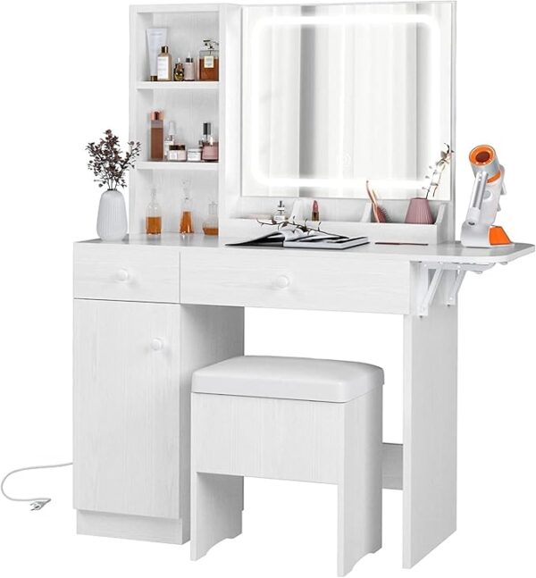 IRONCK Vanity Desk with LED Lighted Mirror & Power Outlet, Makeup Table with Drawers & Cabinet,Storage Stool,Dressing Table for Bedroom, White