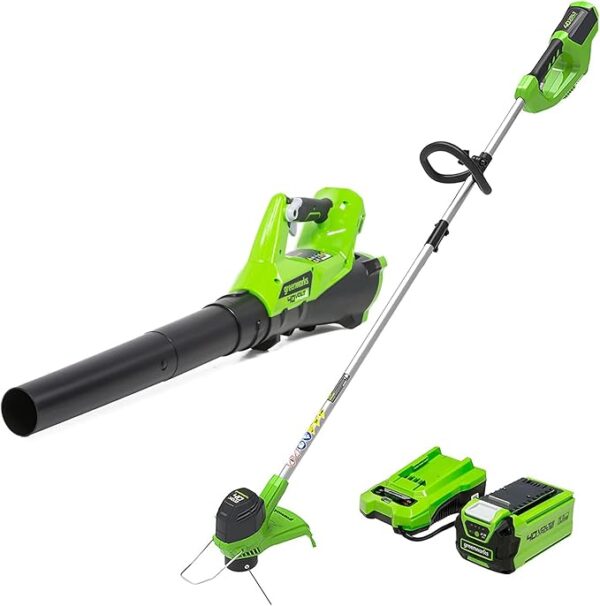 Greenworks 40V Lawn Care Combo Kit, Trimmer & Blower for Edging & Leaf Cleanup, 2.0Ah Battery & Charger (Gas-Free Yard Duo)