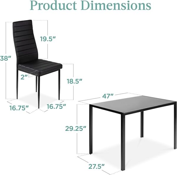 Best Choice Products 5-Piece Glass Dining Set, Modern Kitchen Table Furniture for Dining Room, Dinette, Compact Space-Saving w/Glass Tabletop, 4 Upholstered PU Chairs, Metal Steel Frame - Black - Image 4