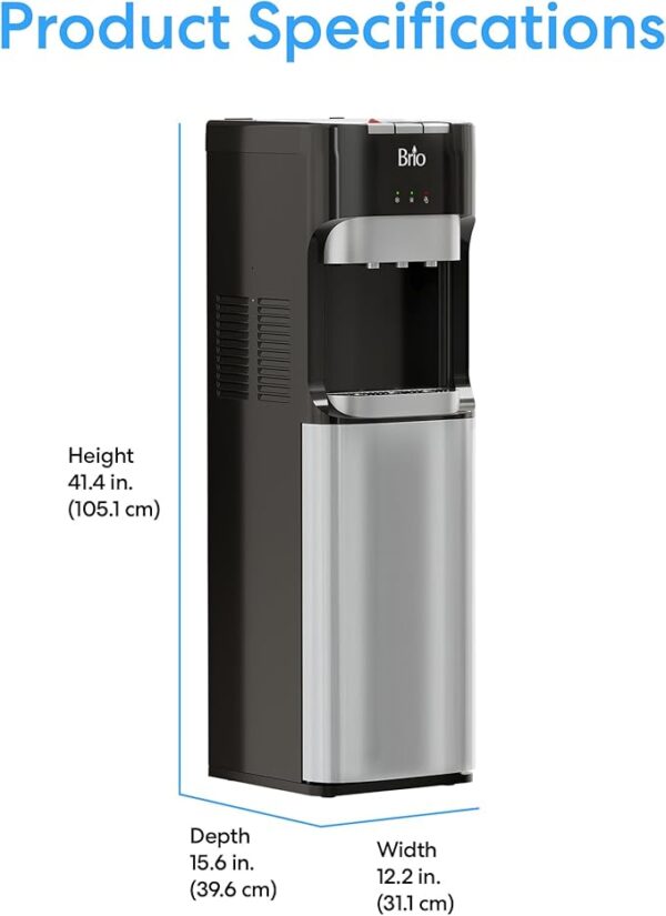 Brio Bottom Loading Water Cooler Dispenser for 5 Gallon Bottles - 3 Temperatures with Hot, Room & Cold Spouts, Child Safety Lock, LED Display with Empty Bottle Alert, Stainless Steel - Image 6