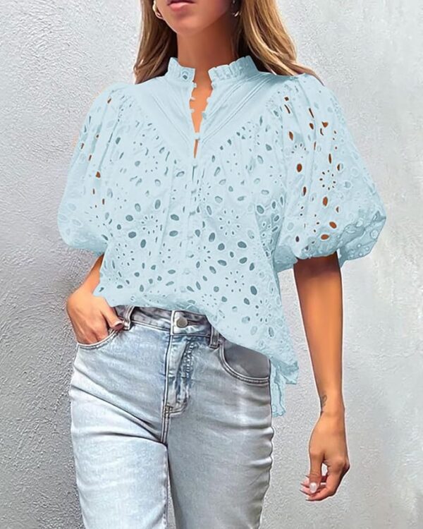PRETTYGARDEN Women's Summer Tops 2025 Dressy Casual Short Sleeve V Neck Buttons Hollow Out Lace Embroidered Blouses Shirts - Image 2