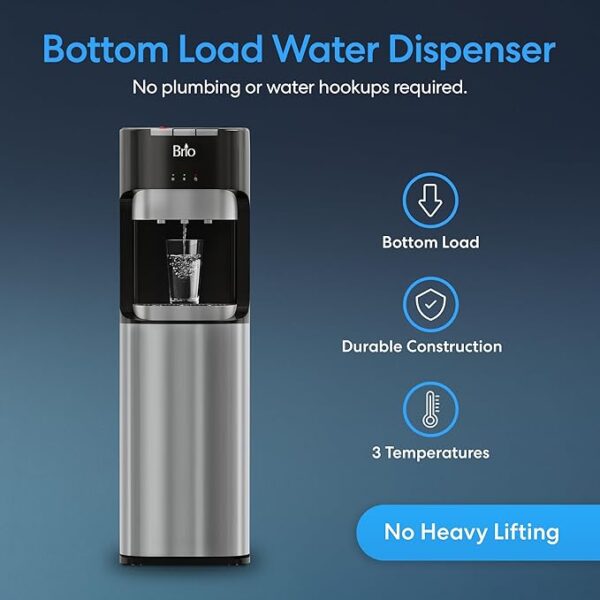 Brio Bottom Loading Water Cooler Dispenser for 5 Gallon Bottles - 3 Temperatures with Hot, Room & Cold Spouts, Child Safety Lock, LED Display with Empty Bottle Alert, Stainless Steel - Image 3